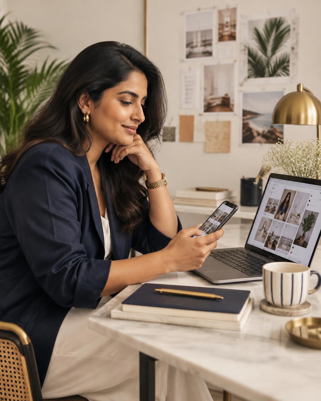 Indian digital marketing strategist reviewing social content